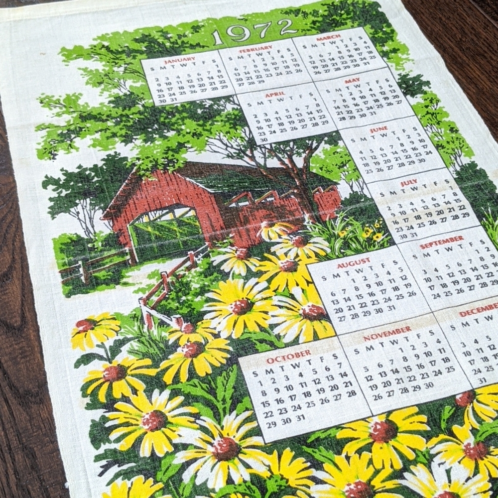 Vintage 1972 Tea Towel Wall Calendar